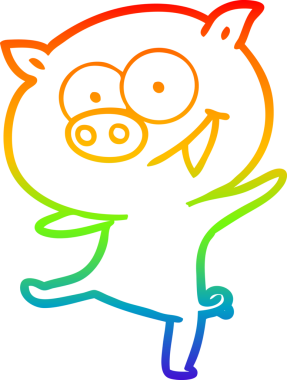 Bir insan tarafından çizilmiş neşeli, dans eden domuz çizgi filminin çizimi.