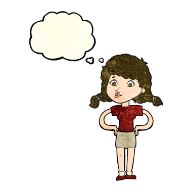 Bir insan tarafından çizilmiş düşünce baloncuğu olan kalçaları olan güzel bir kız.