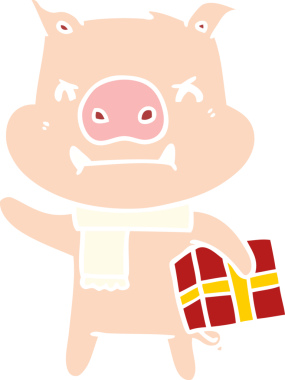 Kızgın düz renkli çizgi film domuzu. Bir insan tarafından çizilmiş Noel hediyesi.