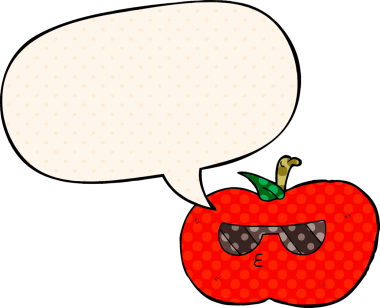 Bir insan tarafından çizilmiş çizgi roman tarzında konuşma balonu olan havalı bir elma çizgi filmi.