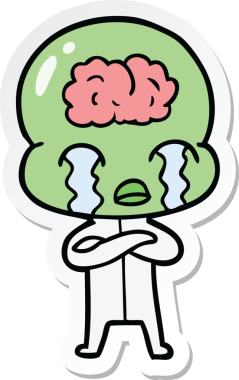 Bir çizgi film çıkartması. Bir insan tarafından çizilmiş büyük beyinli uzaylı ağlaması.