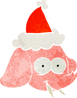 Bir insan tarafından çizilmiş Noel Baba şapkası takan fil suratlı eski bir karikatür.