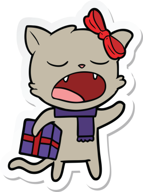 Bir insan tarafından çizilmiş Noel hediyeli çizgi film kedisinin çıkartması.