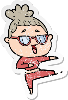 Bir insan tarafından çizilmiş gözlük takan mutlu bir kadının sıkıntılı çıkartması.