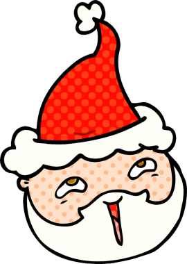 Bir insan tarafından çizilmiş Noel Baba şapkası takan sakallı bir erkek yüzü çizilmiş.