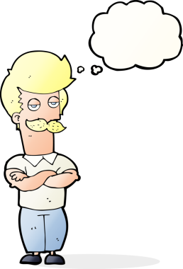 Bir insan tarafından çizilmiş düşünce balonlu bıyıklı kaslı adam.