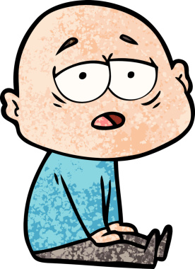 Bir insan tarafından çizilmiş yorgun, kel bir adam.