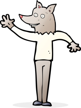 Bir insan tarafından çizilmiş, el sallayan kurt adam.