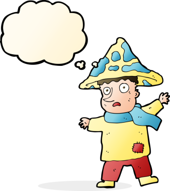 Bir insan tarafından çizilmiş düşünce balonlu sihirli mantar adam.