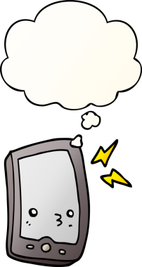 bir insan tarafından çizilmiş yumuşak eğimli düşünce baloncuklu çizgi film cep telefonu