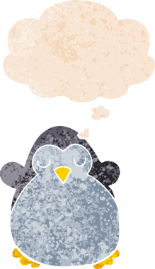 Düşünce baloncuğu olan karikatür pengueni bir insan tarafından çizilmiş dertli retro desenli.