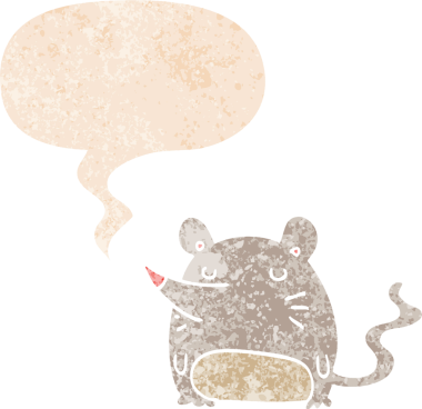 grunge 'da konuşma baloncuğu olan çizgi film faresi bir insan tarafından çizilmiş gerilimli retro desenli