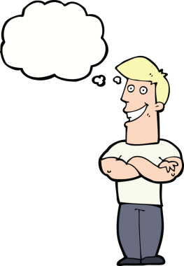 Bir insan tarafından çizilmiş düşünce baloncuğu ile sırıtan çizgi film adamı.