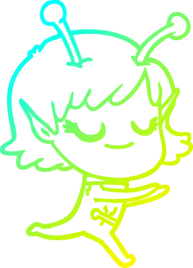 Bir insan tarafından çizilen gülümseyen uzaylı kız çizgi filminin soğuk gradyan çizimi