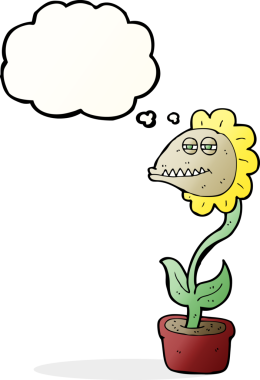 Bir insan tarafından çizilmiş düşünce baloncuklu canavar çiçek.