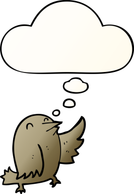 Düşünce baloncuğu olan çizgi film kuşu bir insan tarafından çizilmiş.