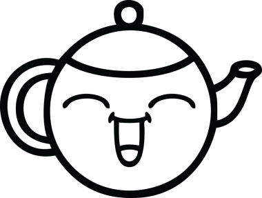 Bir insan tarafından çizilmiş mutlu bir çaydanlığın çizgi çizimi.