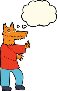 Bir insan tarafından çizilmiş düşünce baloncuklu çizgi film tilkisi.