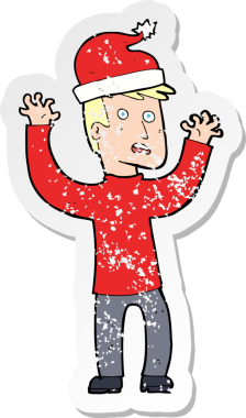 Bir insan tarafından çizilmiş Noel 'e hazır karikatürcü bir adamın gerilimli çıkartması.