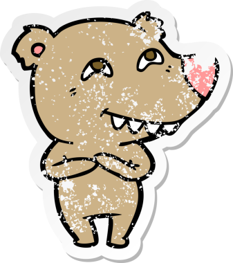 Bir insan tarafından çizilmiş dişleri gösteren bir çizgi film ayısının sıkıntılı çıkartması.