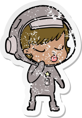 Bir karikatür çıkartması. Bir insan tarafından çizilmiş güzel astronot kız.