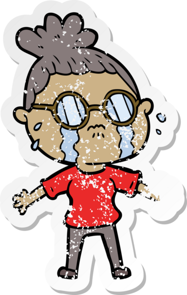 Bir insan tarafından çizilmiş gözlüklü, ağlayan bir karikatür çıkartması.