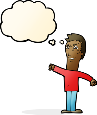 Bir insan tarafından çizilmiş düşünce baloncuğuyla rahatsız edilmiş bir adam.