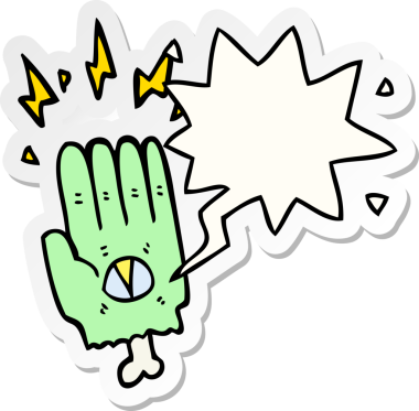 Bir insan tarafından çizilmiş konuşma balonu çıkartmalı ürkütücü cadılar bayramı zombi eli.