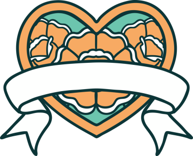 İkonik dövme stili bir kalp ve bir insan tarafından çizilmiş çiçekli pankart.