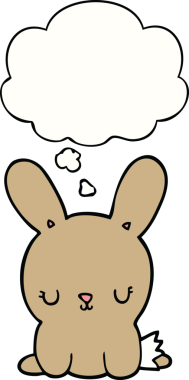Bir insan tarafından çizilmiş düşünce kabarcığı olan sevimli çizgi film tavşanı.
