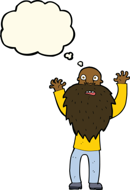 Bir insan tarafından çizilmiş düşünce baloncuklu sakallı korkak yaşlı adam.