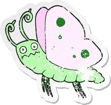 Bir insan tarafından çizilmiş komik bir kelebeğin gerilimli çıkartması.