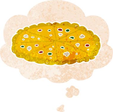 Düşünce baloncuklu çizgi film pizzası grunge strese girmiş eski moda bir insan tarafından çizilmiş