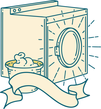 Bir insan tarafından çizilmiş dövme tarzı çamaşır makinesi olan parşömen.