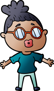 Bir insan tarafından çizilmiş gözlüklü bir karikatür kadın.