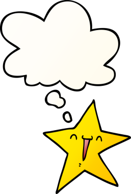 Düşünce baloncuğu olan mutlu çizgi film yıldızı bir insan tarafından çizilmiş.