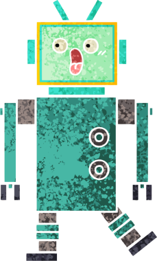 Bir insan tarafından çizilmiş bir robotun retro çizim tarzı karikatürü