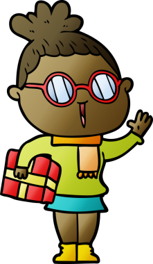 Bir insan tarafından çizilmiş gözlüklü bir karikatür kadın.