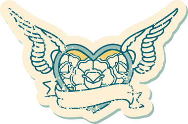 Bir insan tarafından çizilmiş çiçek ve pankartıyla uçan bir kalbin sembolik dövmeli resmi.