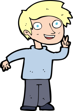 Bir insan tarafından çizilmiş bir fotoğraf için poz veren çizgi film çocuğu.