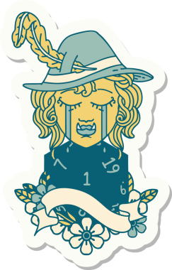 Ağlayan bir ork ozan karakterinin çıkartması. Bir insan tarafından çizilmiş doğal bir D20 rulosu.