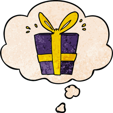 Bir insan tarafından çizilmiş grunge desenli düşünce baloncuğu ile paketlenmiş bir çizgi film hediyesi.