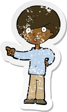 Bir insan tarafından çizilen çizgi film karakterinin gerilimli retro çıkartması.