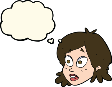 Bir insan tarafından çizilmiş düşünce baloncuğu ile şaşırmış kadın yüzü.