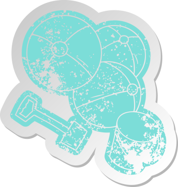 Bir insan tarafından çizilmiş kova ve kürek ile sıkıntılı eski karikatür etiketi plaj topları