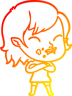 Bir insan tarafından çizilmiş yanağında kan olan vampir bir kızın çizgi film çizimi.