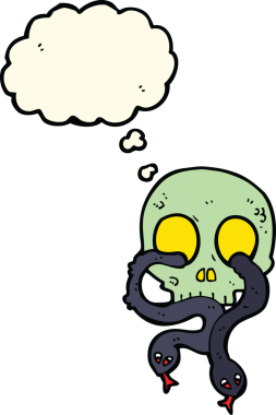 Bir insan tarafından çizilmiş düşünce balonlu yılanlı bir kafatası.