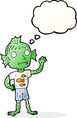 Bir insan tarafından çizilmiş düşünce balonlu balık çocuk.