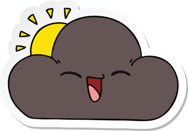 Çizgi film güneşi ve bir insan tarafından çizilmiş mutlu fırtına bulutu.