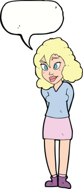 Bir insan tarafından çizilmiş konuşma balonu olan kafası karışık bir kadın çizgi filmi.